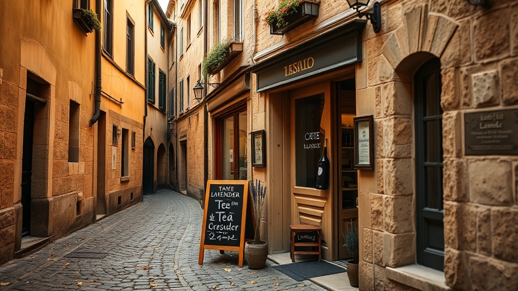 Ruelle pavée du Vieux-Tours avec l'entrée d'un salon de thé et ses colombages médiévaux