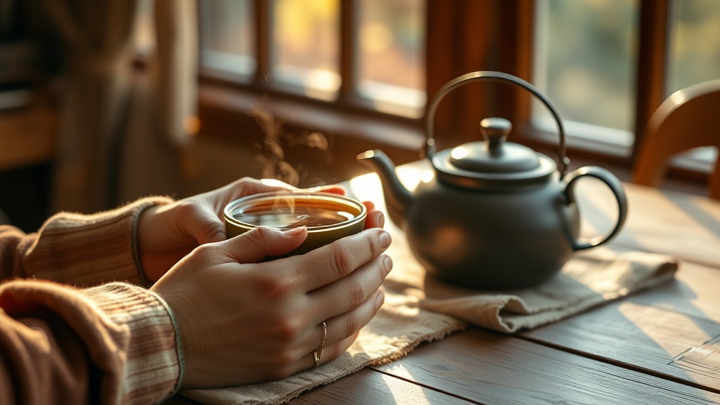 Mains tenant une tasse de thé fumante avec une théière en fonte posée sur une table en bois