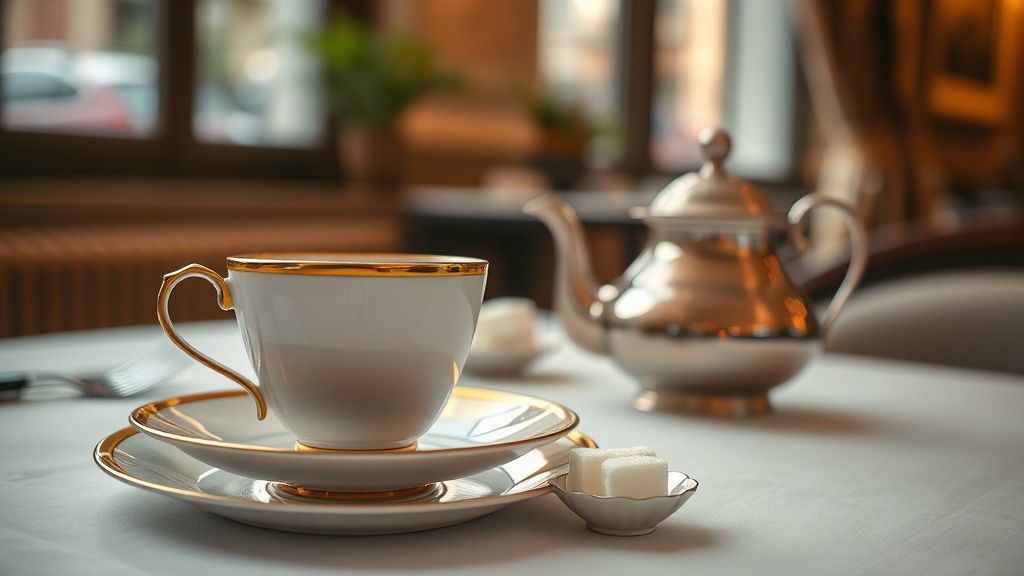 Table dressée dans un salon de thé angevin avec tasse en porcelaine et théière fumante