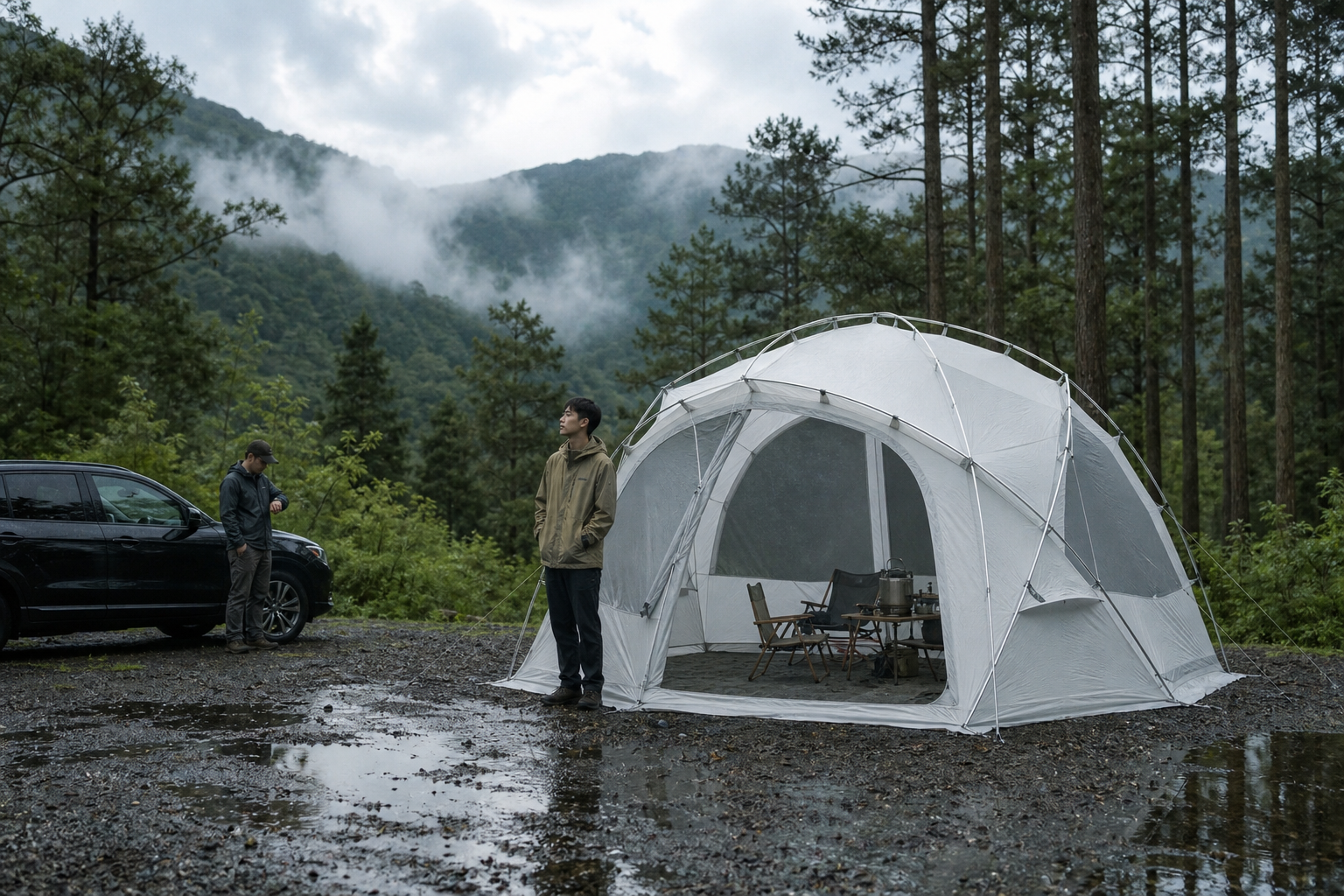 雷雨過後露營者在大型白色 Helinox Nona Dome 帳篷與車旁等待並觀察天氣