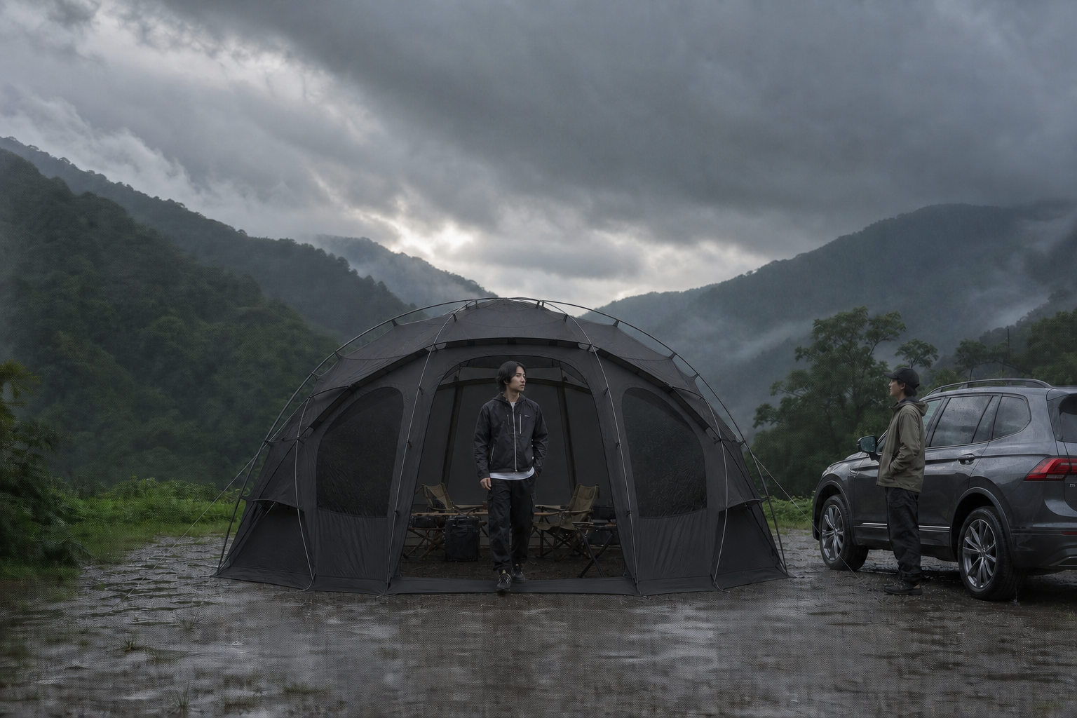 聽到雷聲後露營者離開黑色大型圓頂帳篷並走向封閉車輛