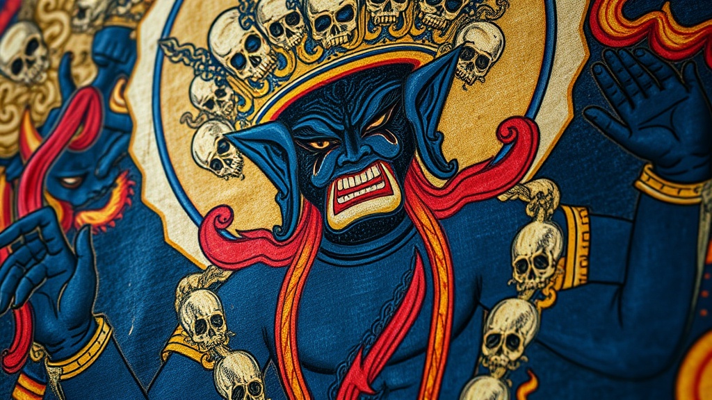 Detail of a Tibetan thangka painting depicting Mahakala, wrathful protector deity with skull crown and flaming aureole