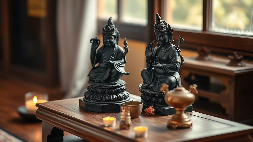 Dark bronze wrathful deity statue on a wooden altar with ritual objects including a dorje and brass offering cup