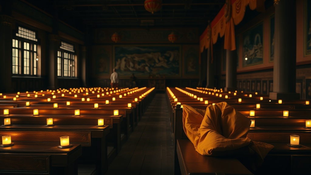 Interior of a Tibetan monastery with rows of butter lamps and painted murals, saffron robe on a bench