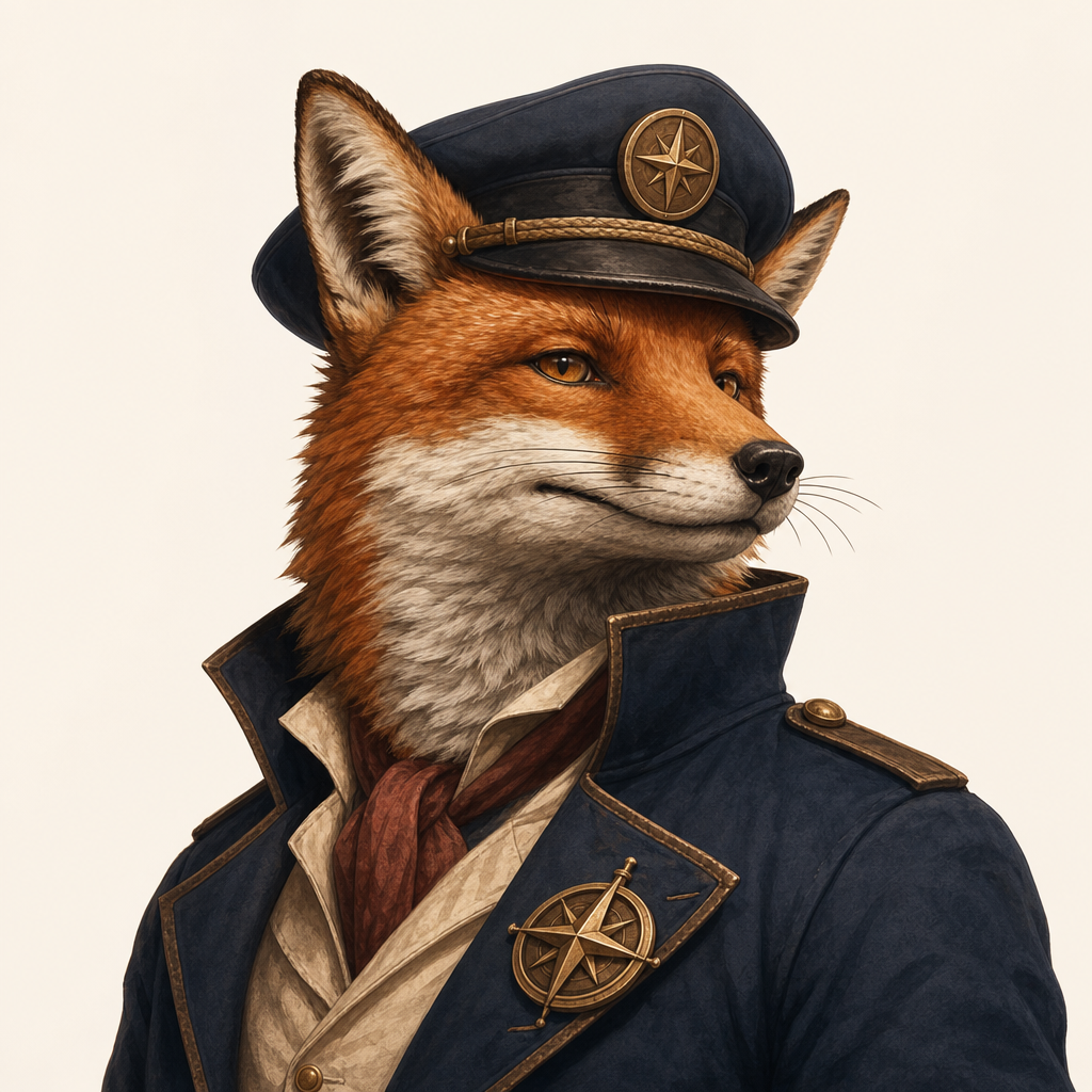 Captain Max, a rugged red fox captain in a navy hat