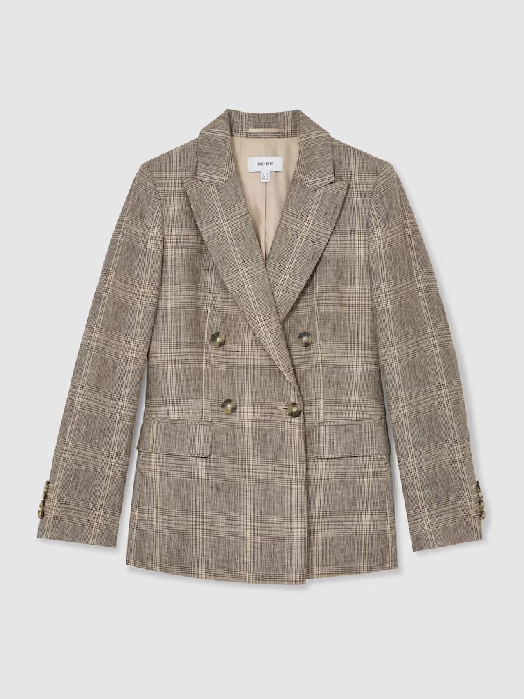 reiss, Linen Double-Breasted Check Blazer