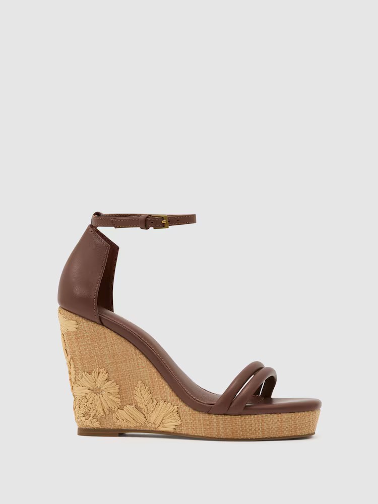 reiss, Leather Embroidered-Wedge Sandals in Tan