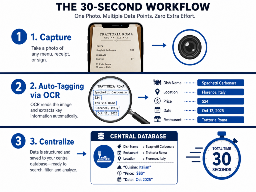 An infographic detailing the three-step workflow of capturing a photo, using OCR for auto-tagging, and centralizing data into a food database.