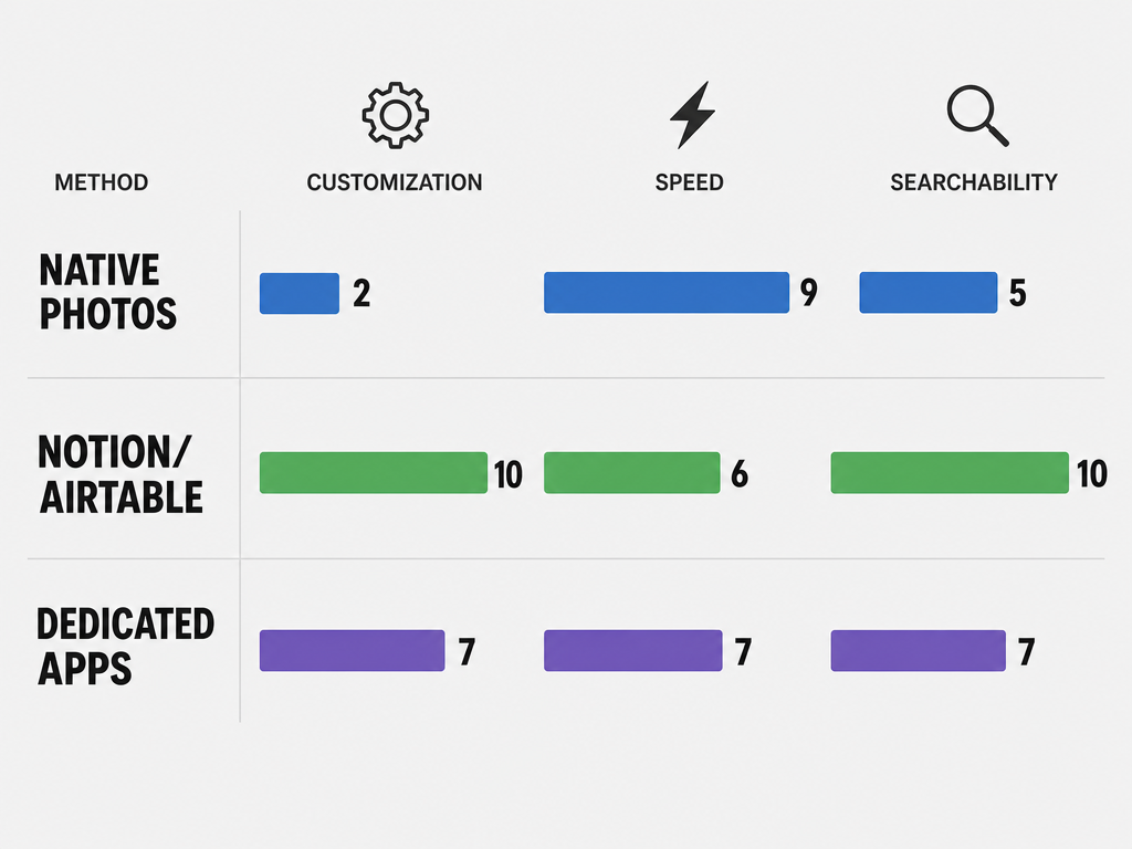 A horizontal bar chart comparing Native Photos, Notion, and Dedicated Apps based on customization, speed, and searchability metrics.