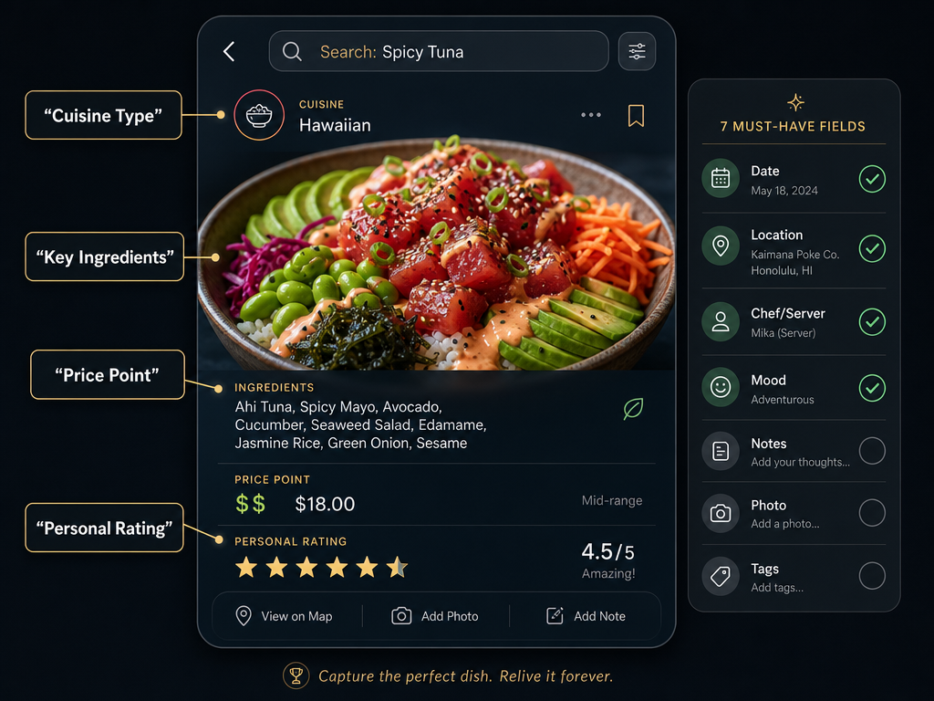 A digital UI card mockup showing the essential data fields for a searchable restaurant dish archive including cuisine, price, and rating.