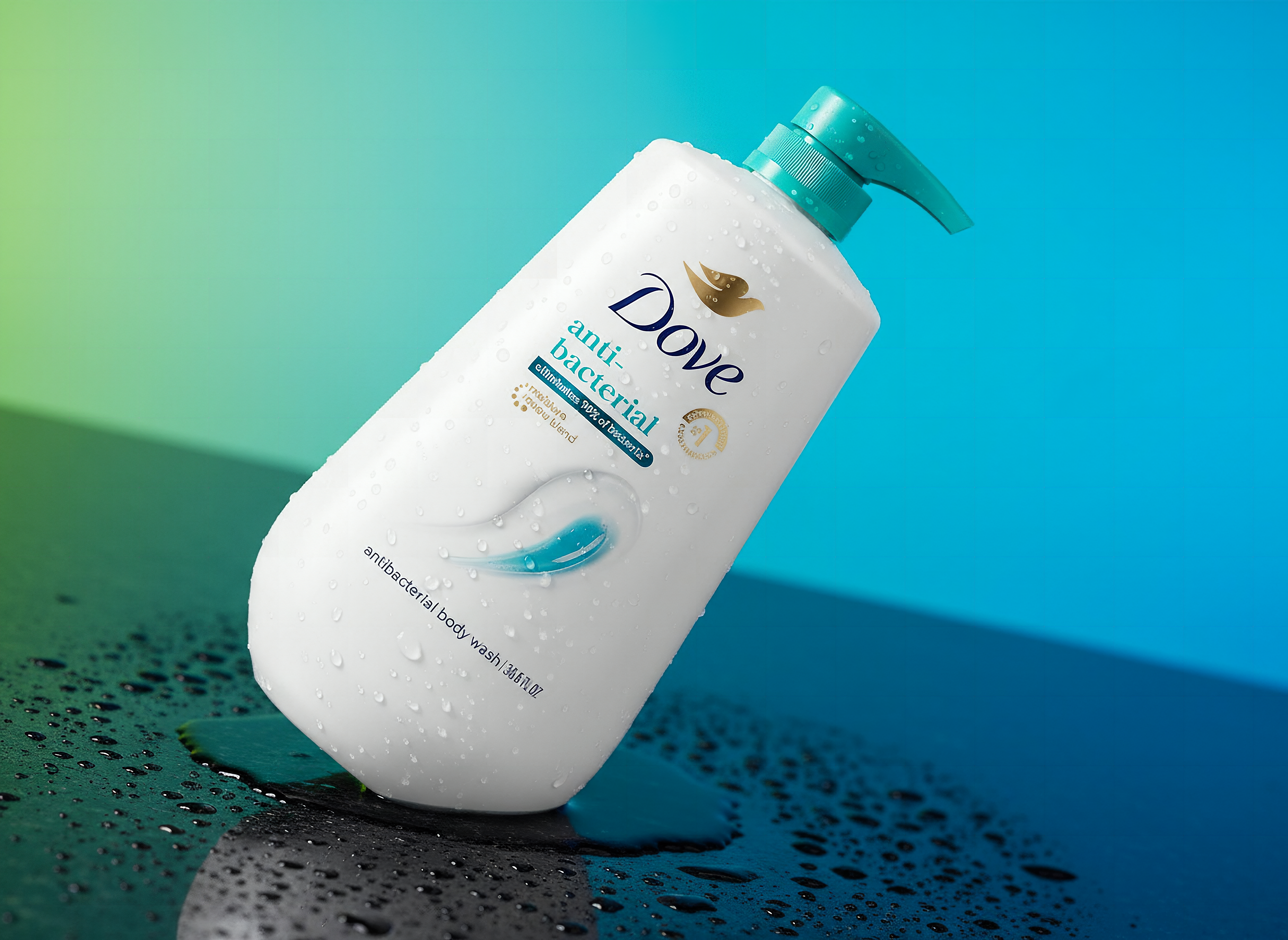 Macro close-up of Dove antibacterial body wash pump bottle with visible gel and pump detail