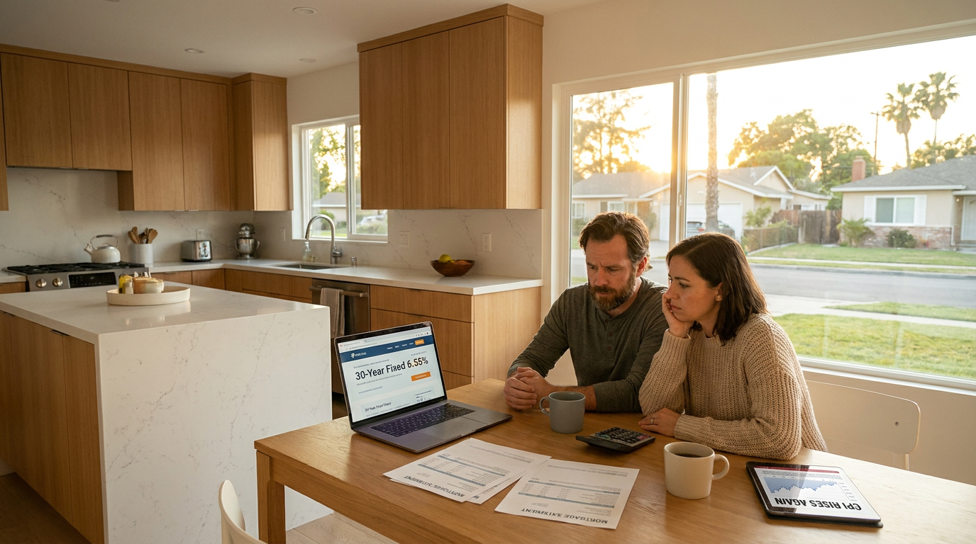 Frustrated young couple at a kitchen table in a Sun Belt home, laptop open showing “30‑Year Fixed 6.
