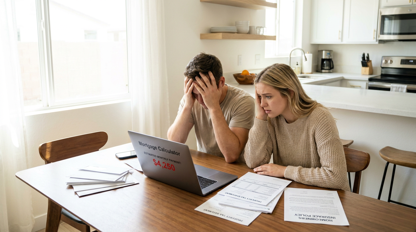Young couple sitting at a kitchen table in a small Sun Belt home, laptop open to a mortgage calculat