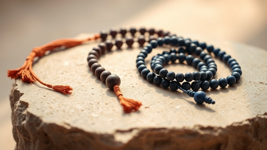 Three different mala bead styles side by side: rudraksha, sandalwood, and lapis lazuli