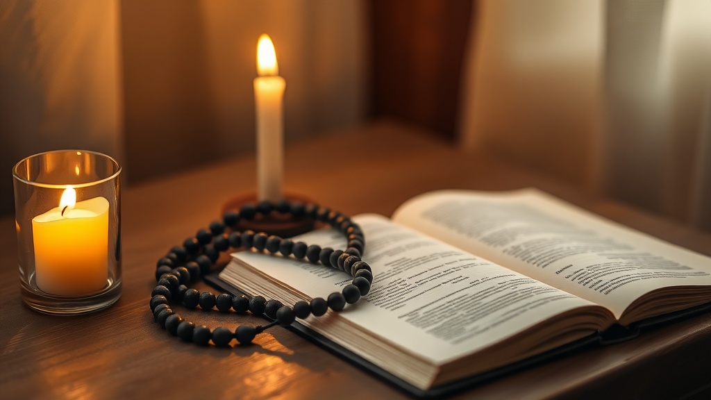 Mala beads resting on a small home altar beside a lit candle and notebook