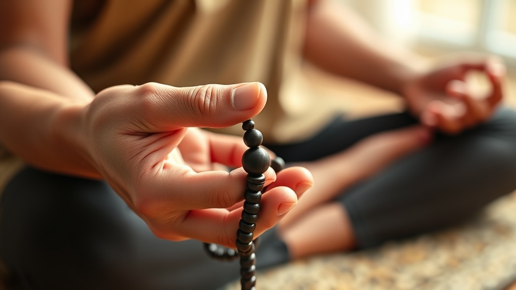 Hands holding a sandalwood mala bead, demonstrating correct finger placement for mantra counting