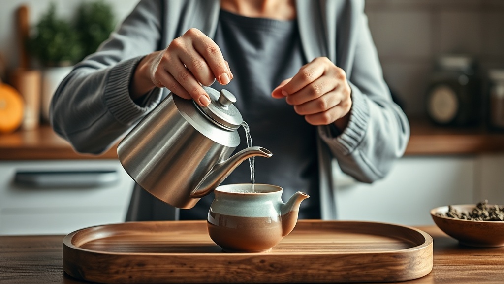 Mains versant délicatement de l'eau chaude dans une théière en céramique pour infuser le thé