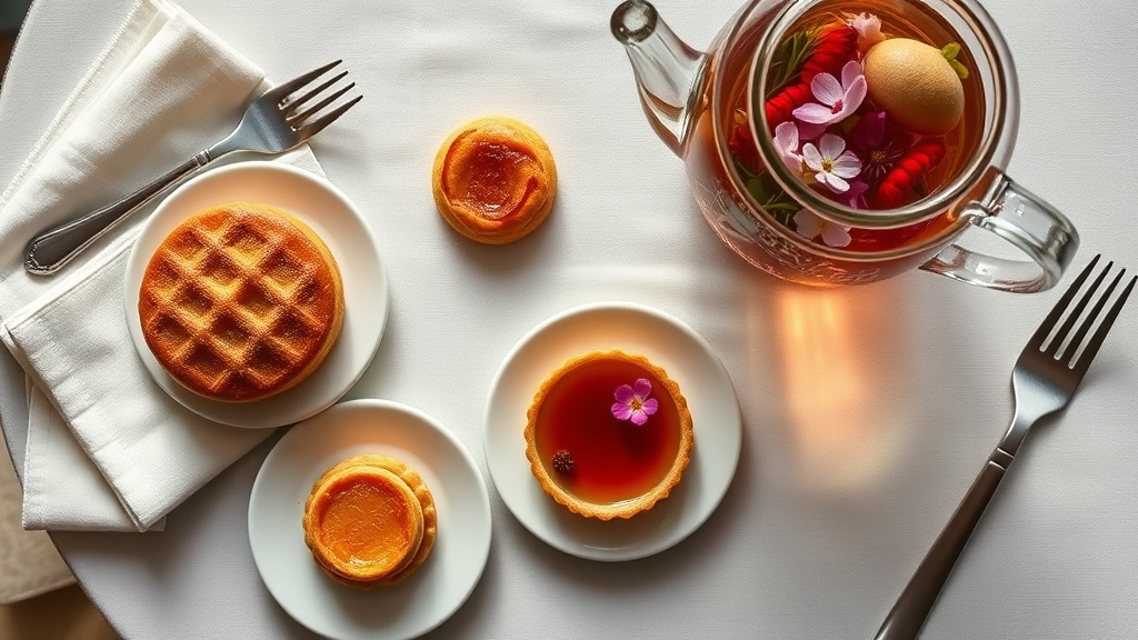Assortiment de pâtisseries françaises et théière en verre avec thé fleuri dans un salon de thé