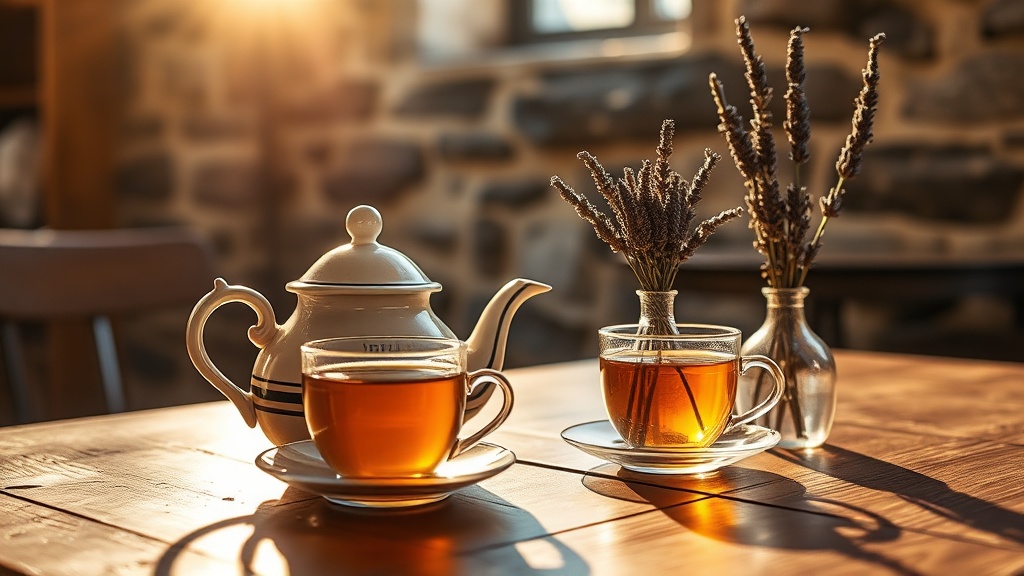 Théière en céramique et tasse de thé dorée dans un salon de thé cosy au décor de pierre