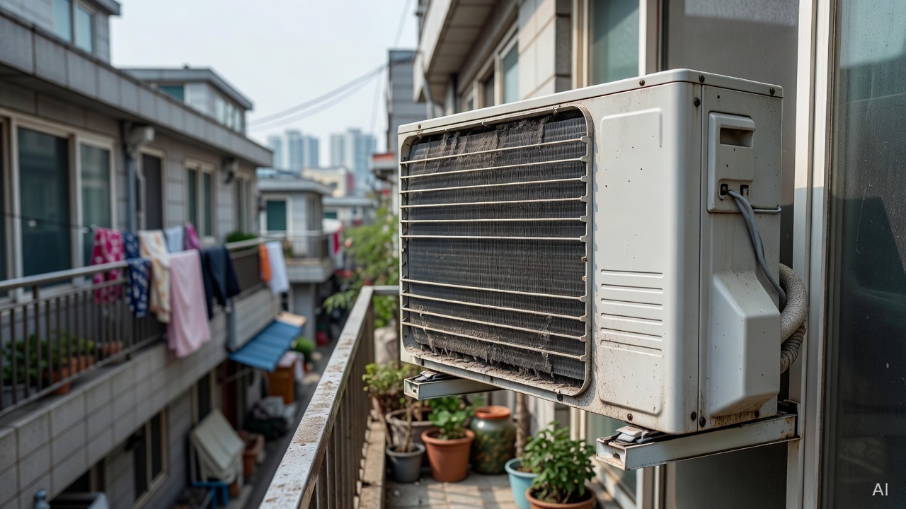 outdoor air conditioning unit on apartment balcony with dust-covered fins visible