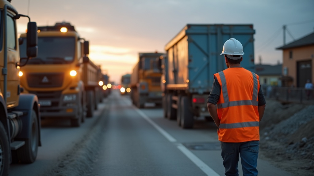 Trabajador de construcción con chaleco reflectante naranja en obra vial al atardecer