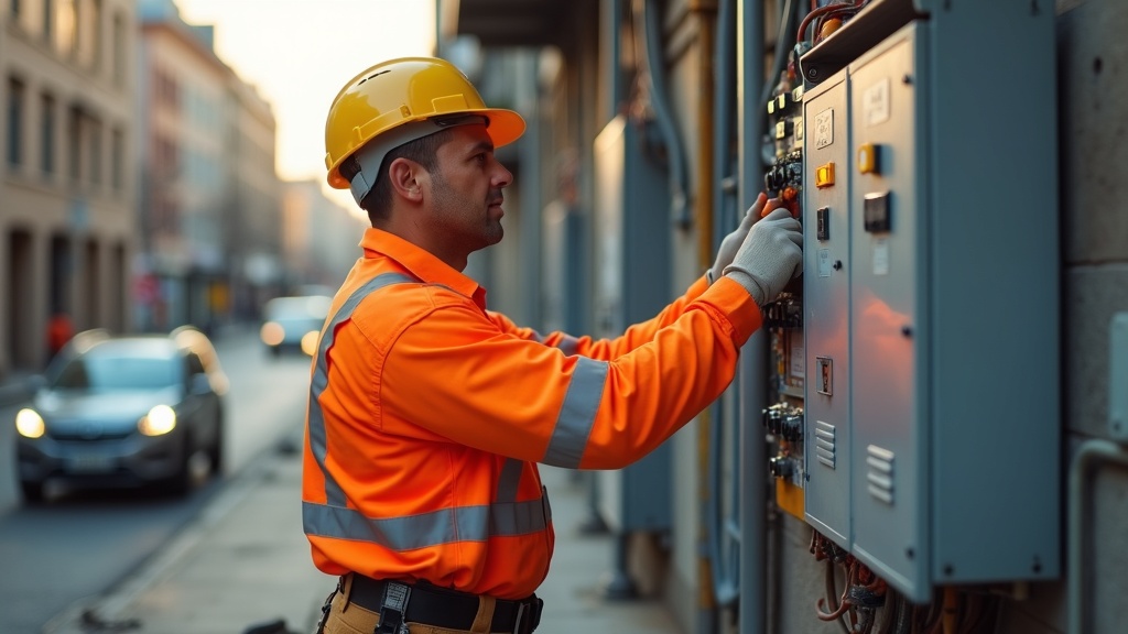 Electricista con camisa reflectante naranja manga larga trabajando en panel eléctrico en calle urbana