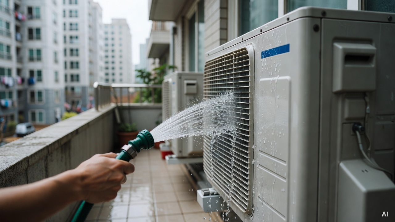 close-up of air conditioner outdoor unit fins being rinsed with water hose on apartment balcony