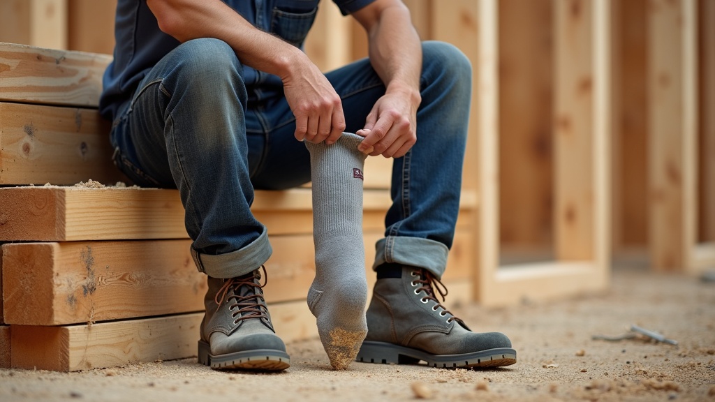 Framing carpenter inspecting work sock heel wear on a job site