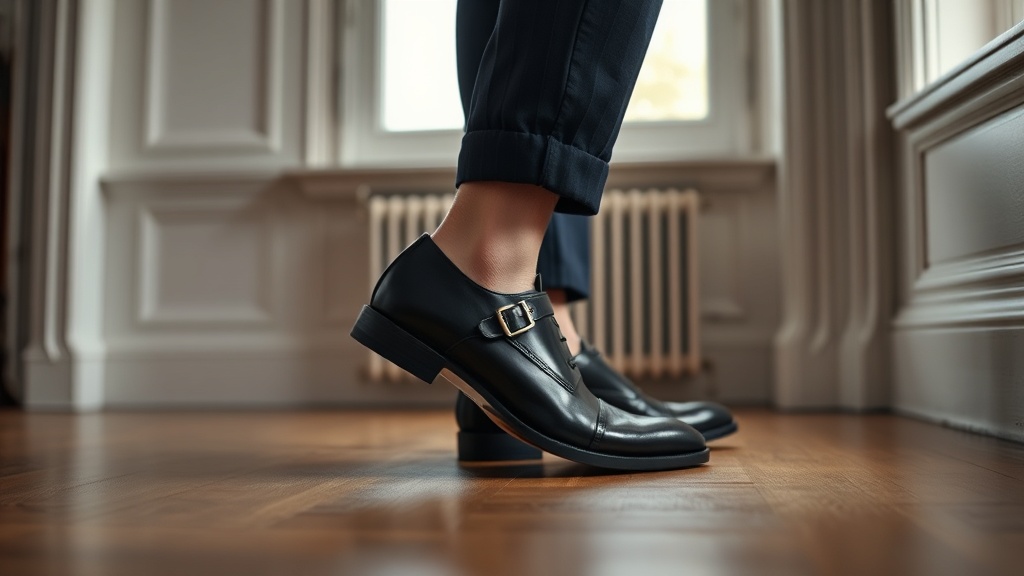 Black monk strap shoes worn with navy pleated trousers, trouser break just above the shoe