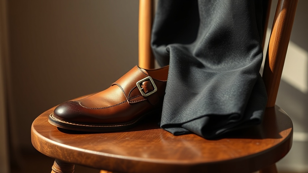 Single monk strap shoe in dark tan leather beside charcoal wool trousers, editorial still-life