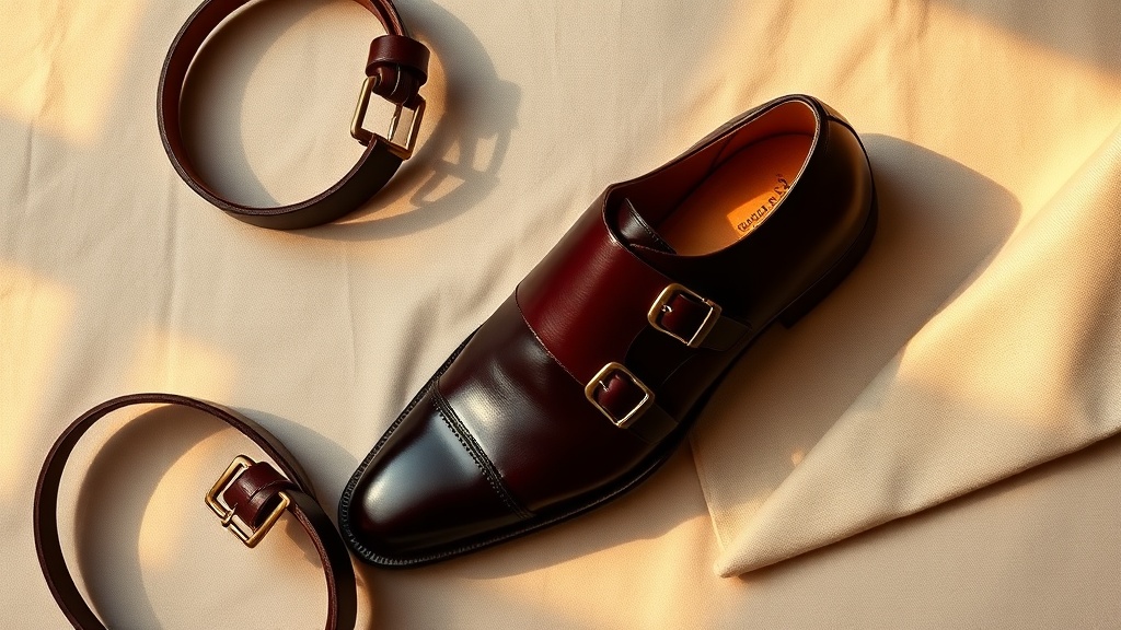 Double monk strap shoe in burgundy leather flat-lay with belt and pocket square accessories