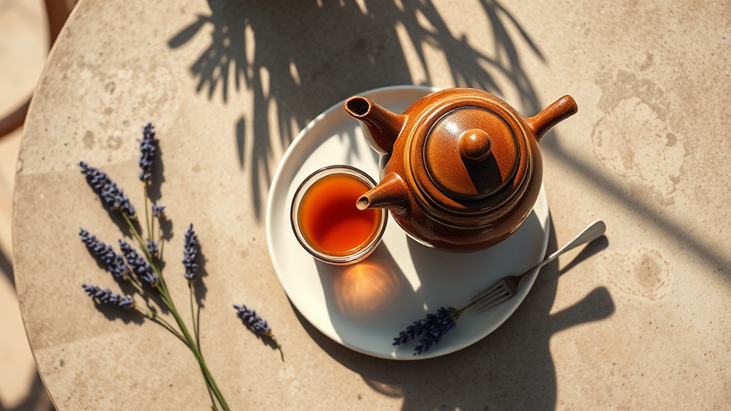 Service à thé en céramique sur une table en pierre calcaire dans un café provençal ensoleillé