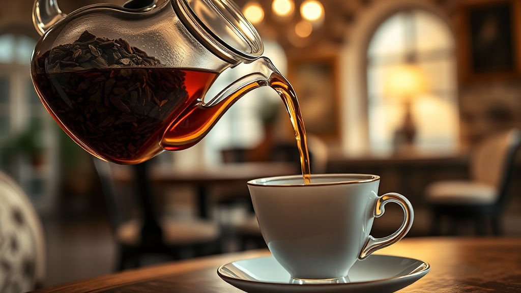 Thé en feuilles versé d'une théière en verre dans une tasse en porcelaine dans un salon cosy