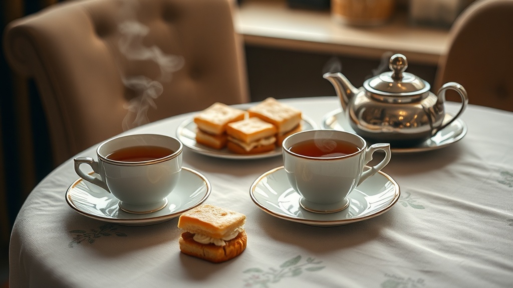 Plateau de goûter français avec madeleines, sandwichs et tasse de thé sur nappe fleurie