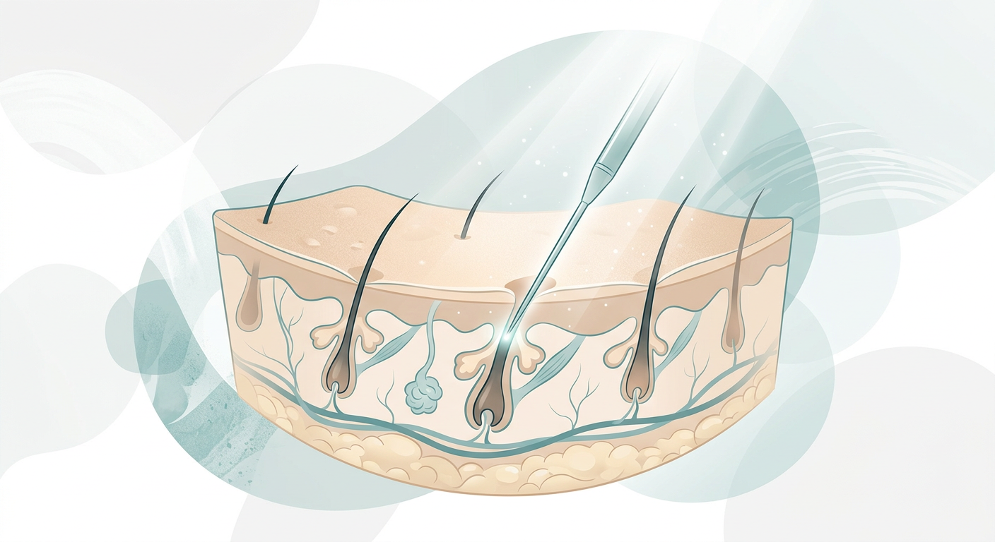PCOS Chin Hair Removal: Permanent Options in Phoenix Area | Electrolysis Permanent Hair Removal in Phoenix | Senza Pelo Med Spa Modern editorial illustration of chin hair follicles beneath facial skin with gentle light beams and a fine electrolysis p...