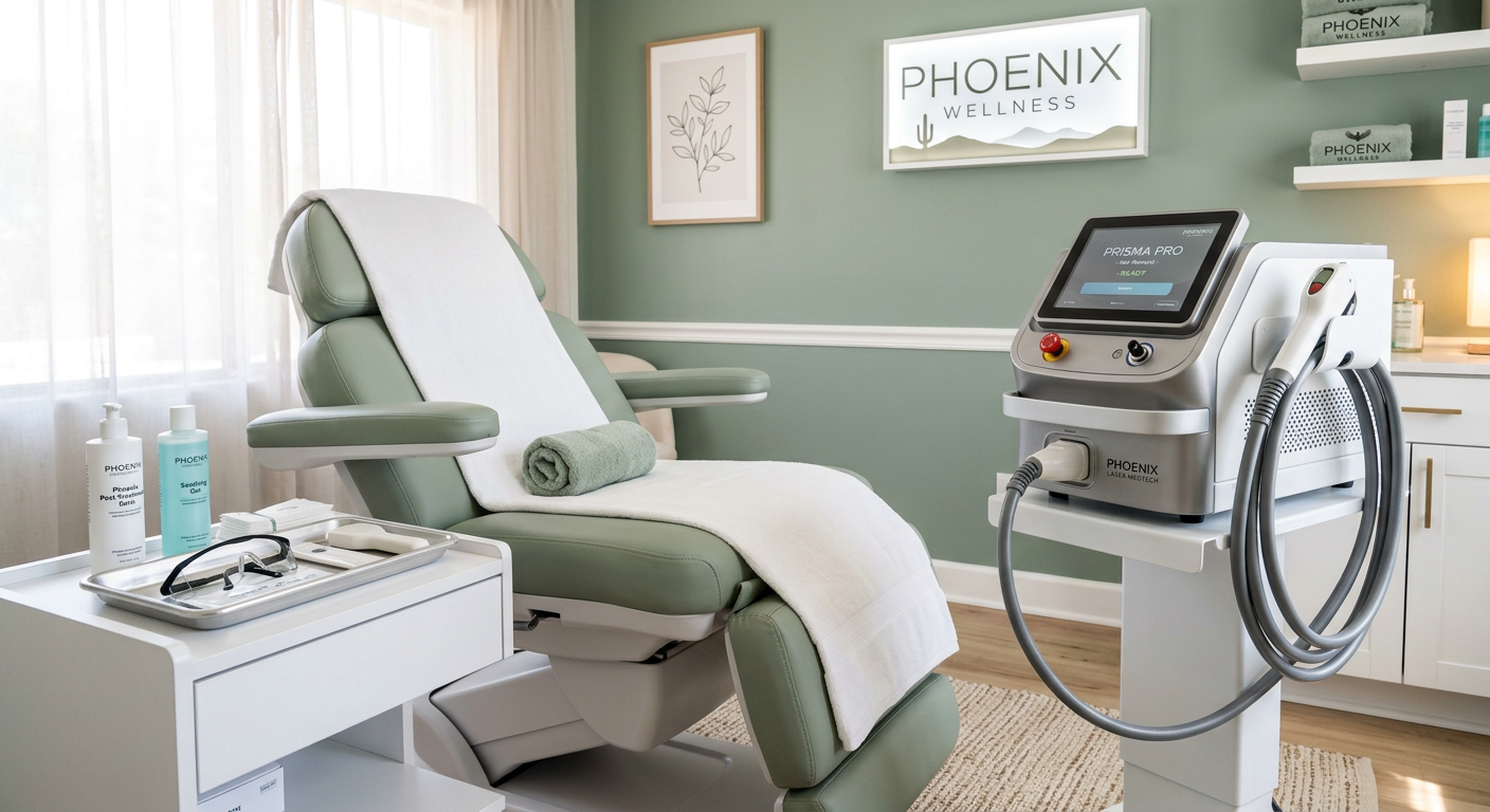 PCOS Chin Hair Removal: Permanent Options in Phoenix Area | Electrolysis Permanent Hair Removal in Phoenix | Senza Pelo Med Spa Photorealistic close-up of a professional med spa treatment room with advanced hair removal equipment beside a treatment c...