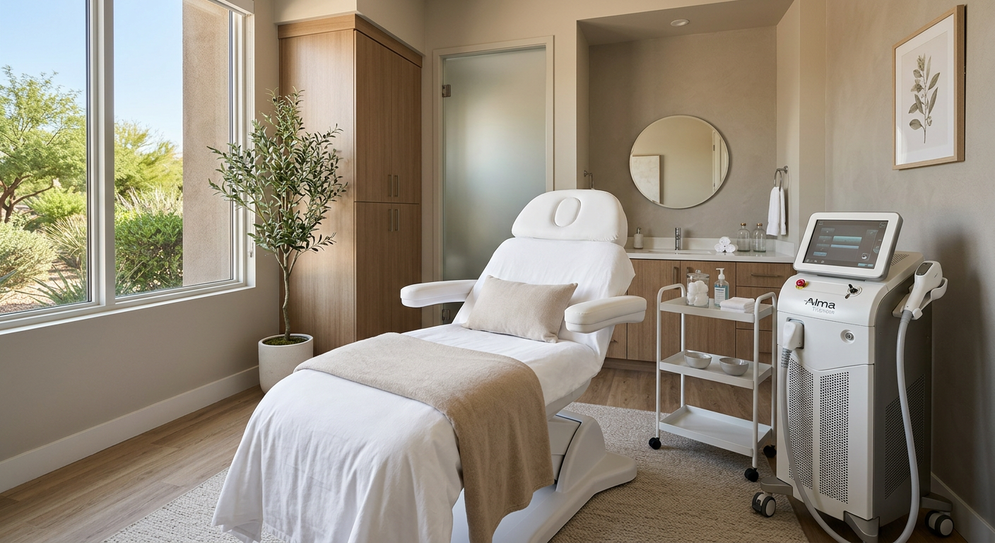 Photorealistic med spa treatment room in Phoenix with advanced hair removal equipment, comfortable treatment chair, warm n...
