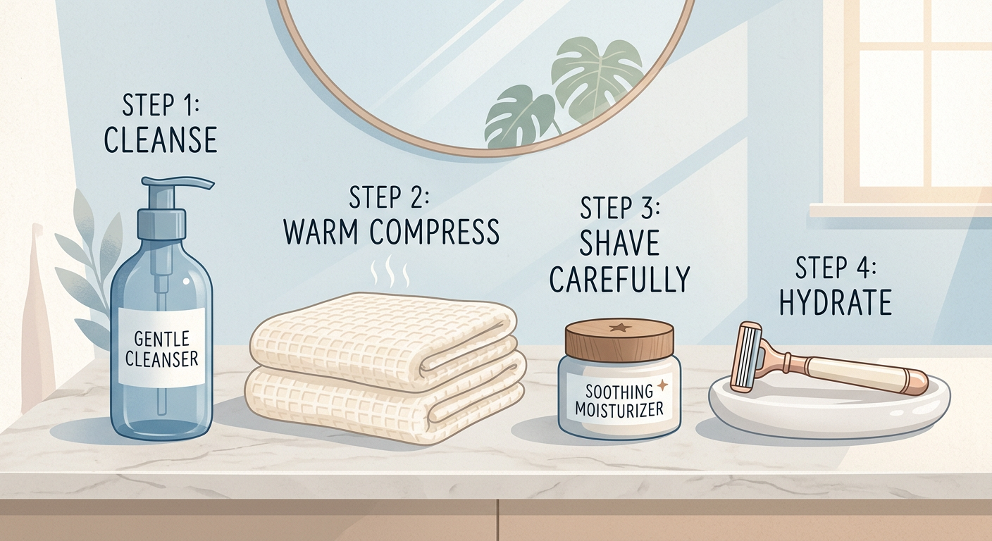 Modern editorial illustration of a calm skincare routine for ingrown hair prevention, showing cleanser, warm towel, moistu...