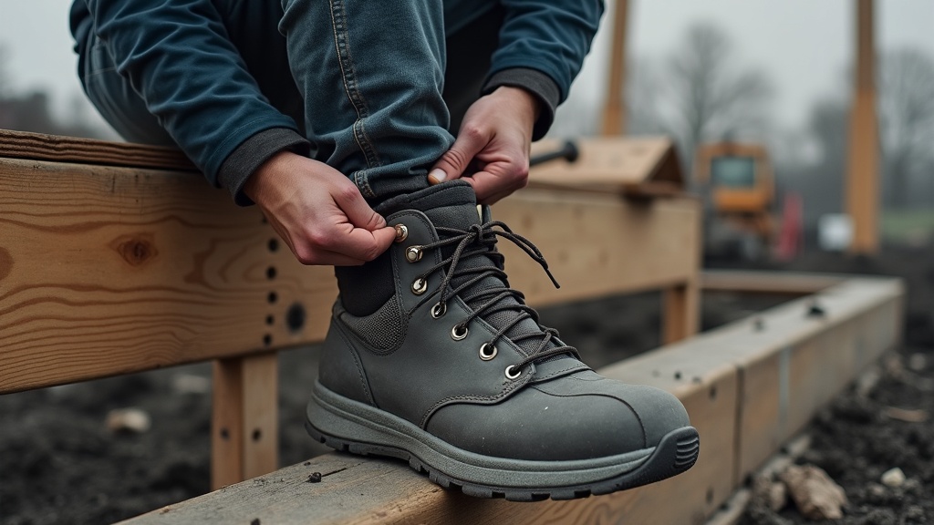 Trabajador de construcción con calcetines merino en descanso
