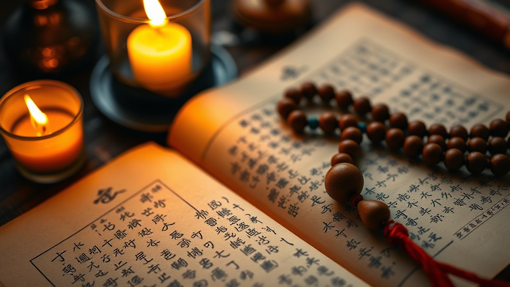 Manuscrit bouddhiste et chapelet en bois, symboles de la tradition textuelle Tiantai