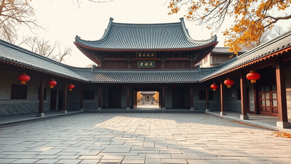 Cour intérieure du temple Guoqing en automne avec lanternes rouges et tuiles vernissées