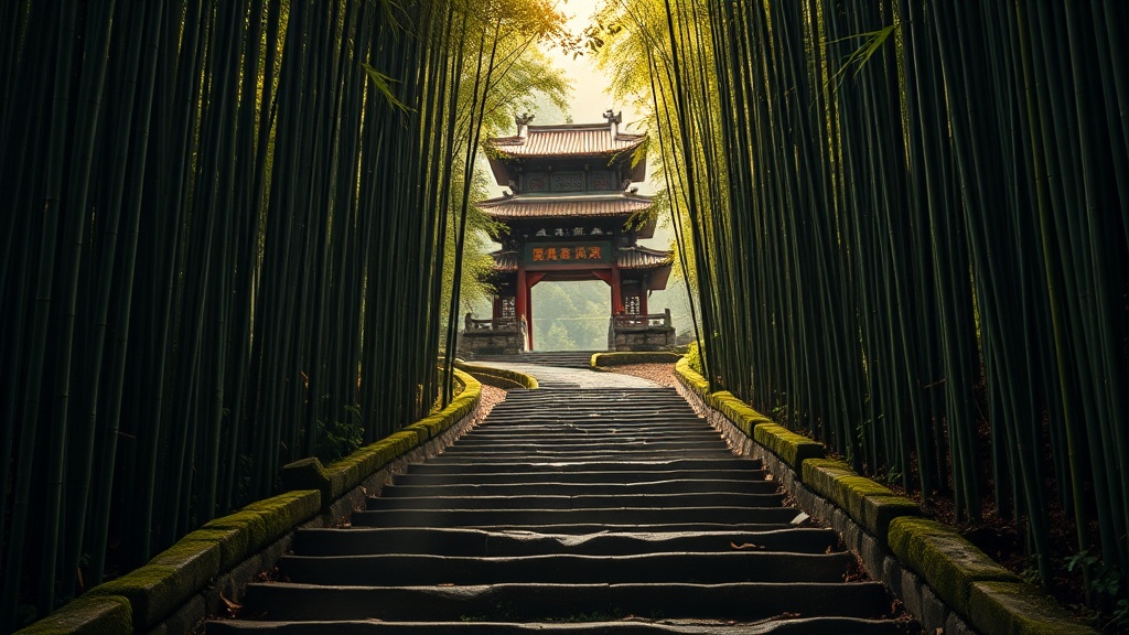 Sentier de bambous menant au temple Guoqing sur le mont Tiantai au Zhejiang