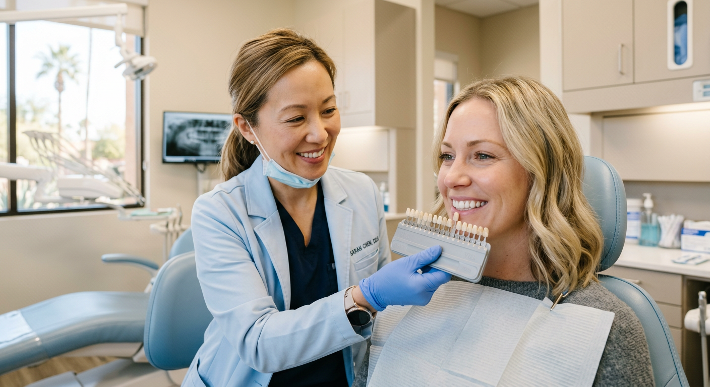 Close-up photorealistic image of a female dentist holding a dental shade guide beside a smiling adult patient in a bright ...