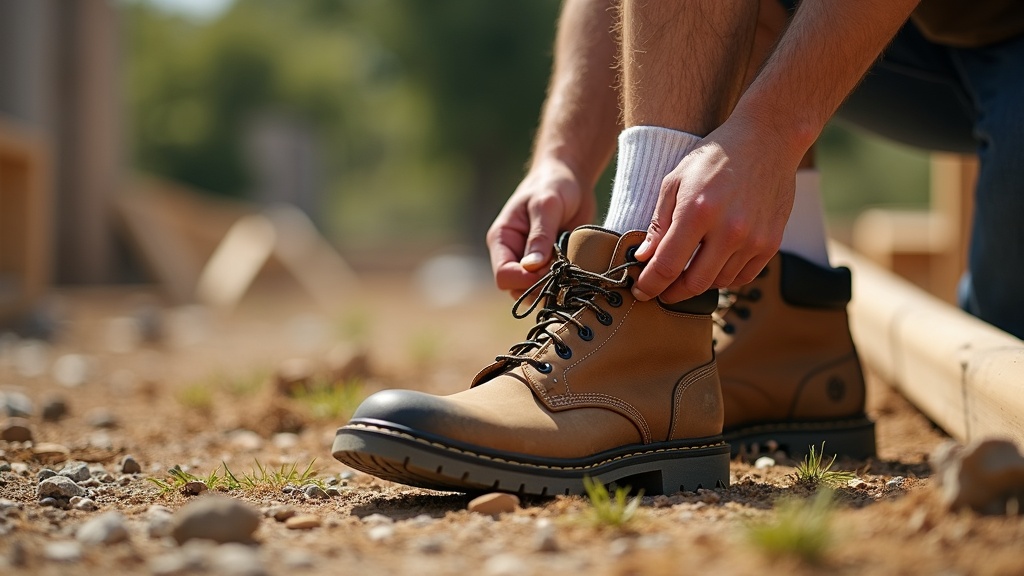 Carpenter pulling on a moisture-wicking work sock before lacing up a steel-toed boot
