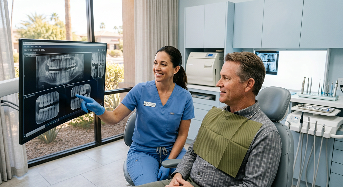 Local Scottsdale Dental Clinic Guide for 85250 Families Today | Scottsdale Dentist | Cosmetic & Family Dentist 85250 Photorealistic image of a female dentist reviewing digital dental images with an American adult patient in a modern Scotts...