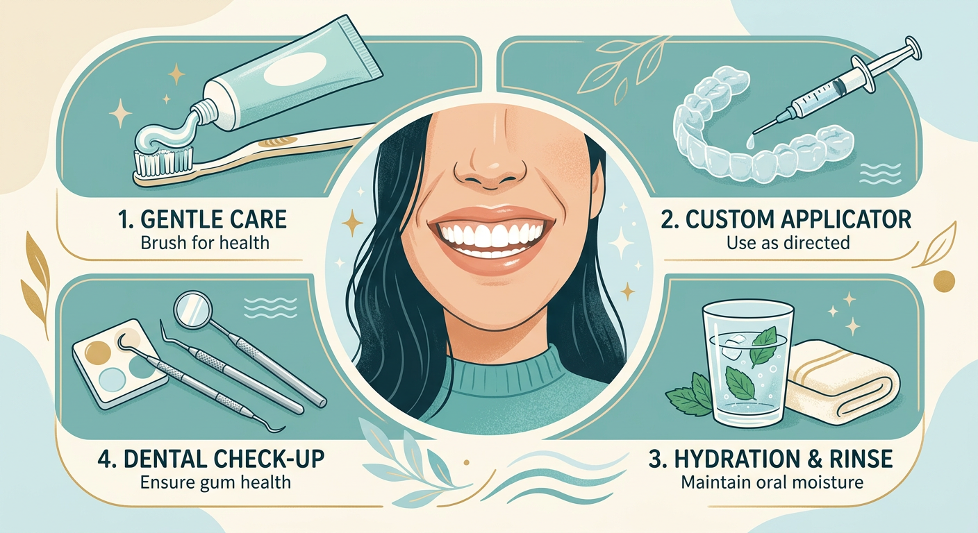 Modern editorial illustration of four gentle whitening steps arranged around a bright natural smile, showing toothpaste, c...