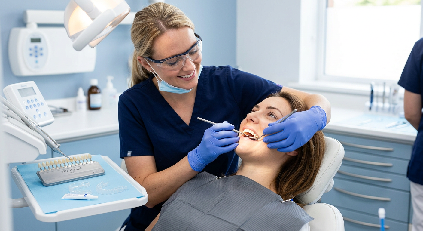 Close-up photorealistic scene of a female dentist gently examining a patient’s teeth with a shade guide and custom whiteni...