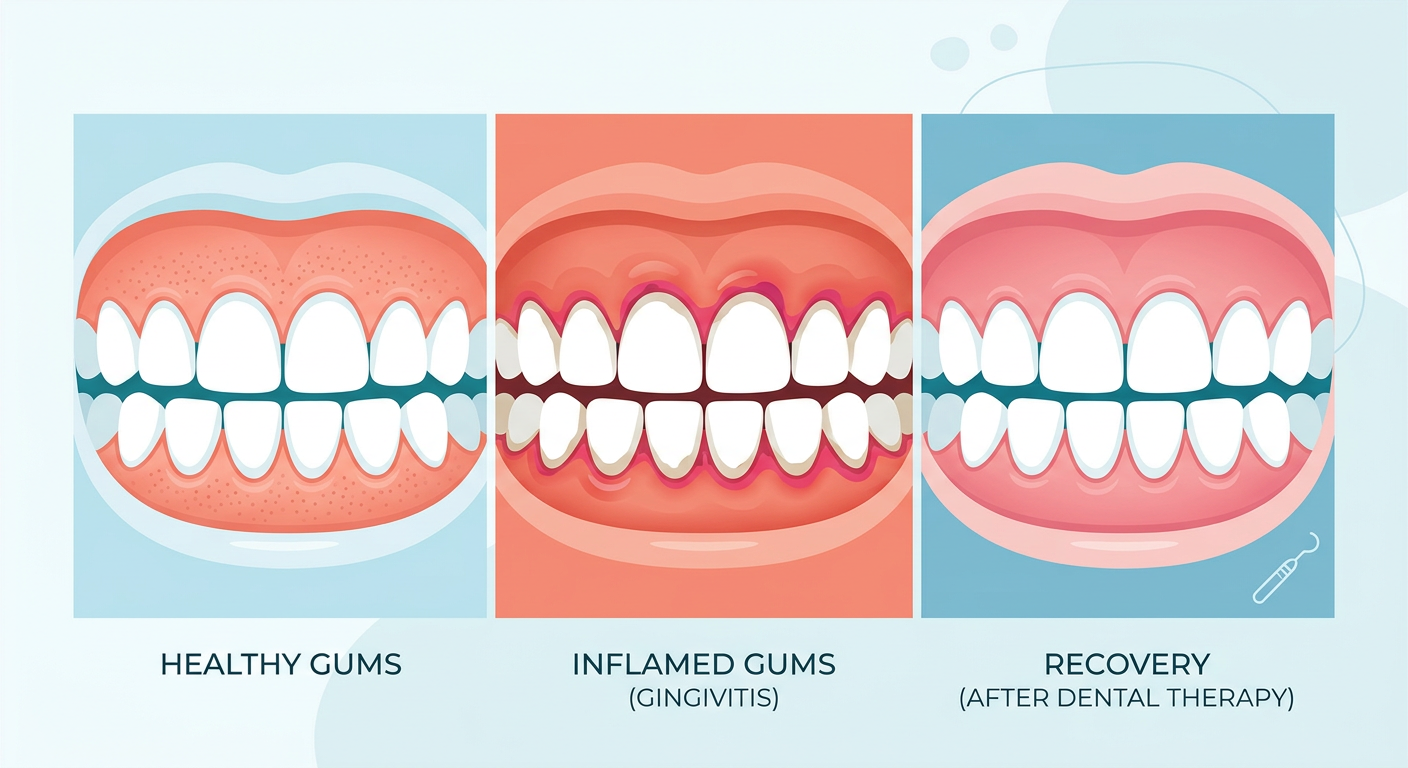 Modern educational illustration of healthy gums transitioning to inflamed gums and then recovery after dental therapy, cle...