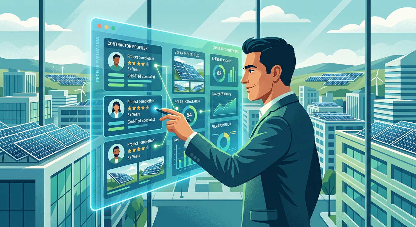 Independent Solar | How to Find Reliable Solar Sub Contractors and Grow Faster Today Modern editorial illustration of a solar dealer evaluating contractor profiles on a transparent dashboard, commercial buil...