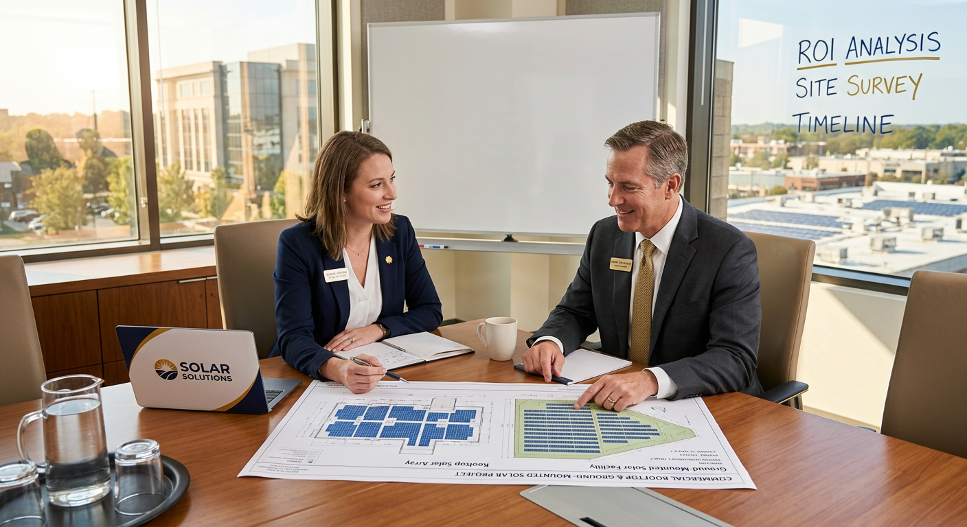 Independent Solar | Commercial Roof Mount Solar vs Ground Mount: B2B ROI Guide 2026 Photorealistic scene of a solar dealer meeting with a commercial property owner beside plans for rooftop and ground-mounte...